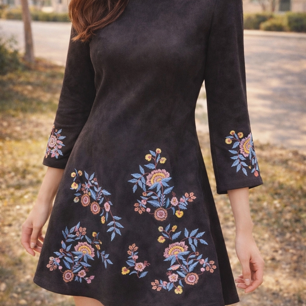 ZARA Black Embroidered A-Line Dress Mock Neck